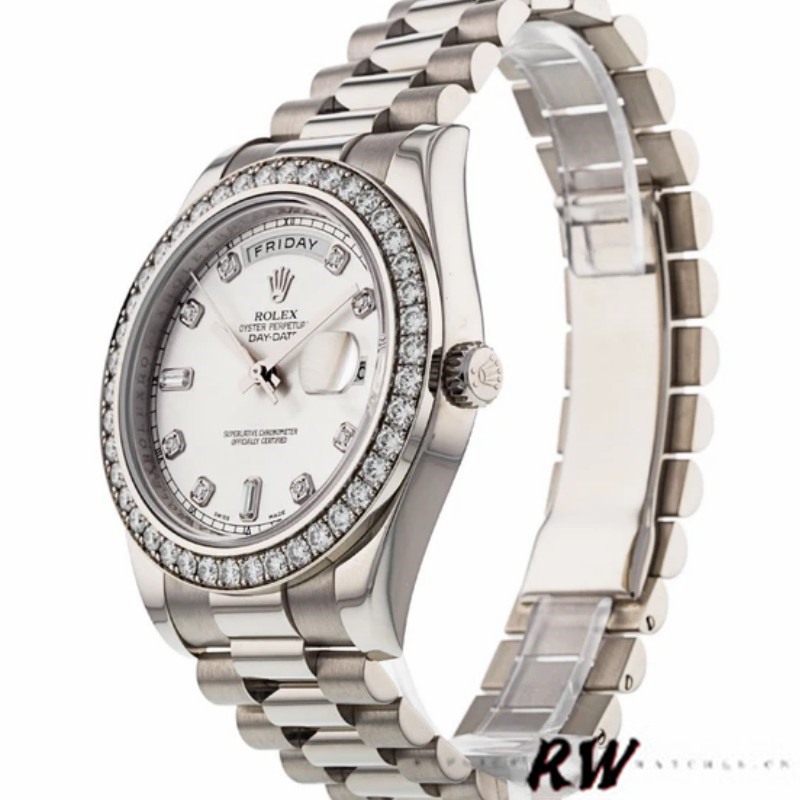 Rolex Day-Date 218349 Silver Diamond Dial 41MM Mens Replica Watch - QualitySwissReplica