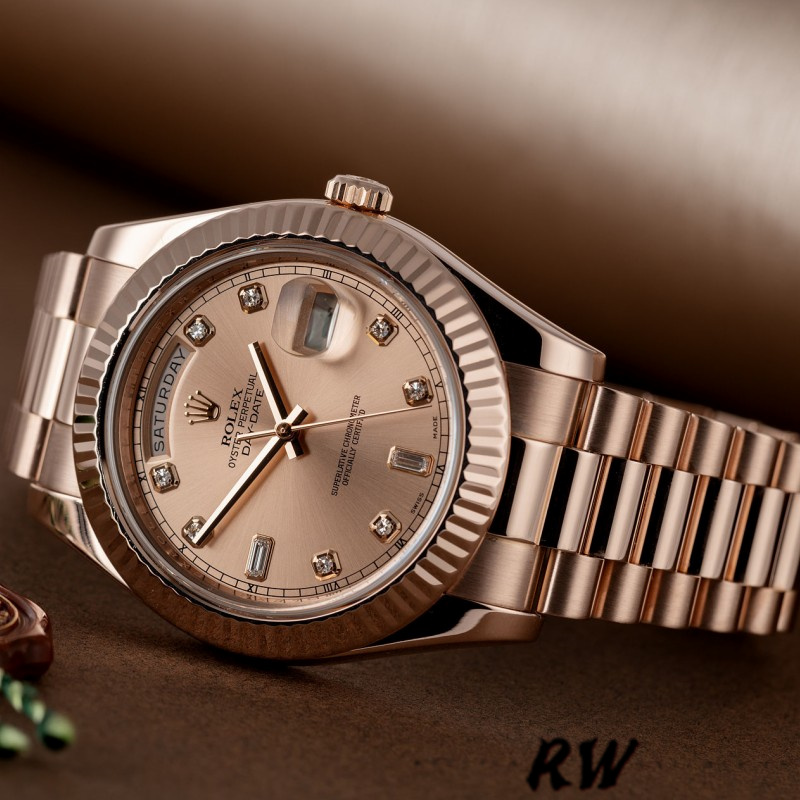 Rolex Day-Date 218235 Champagne Diamonds Dial Rose Gold 41MM Mens Replica Watch - QualitySwissReplica