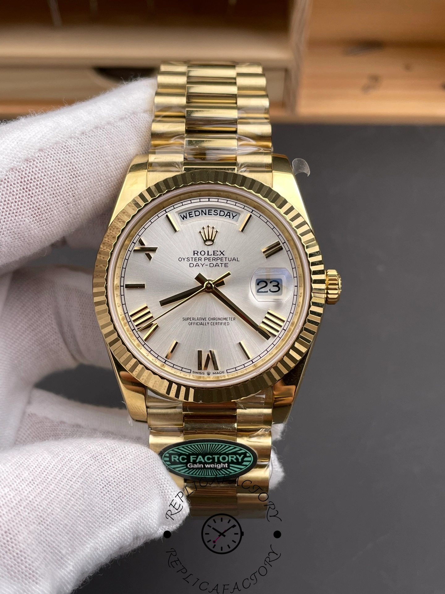 Rolex Day-Date 228238 Silver Roman Dial Fluted Bezel 40mm Mens Replica Watch - QualitySwissReplica