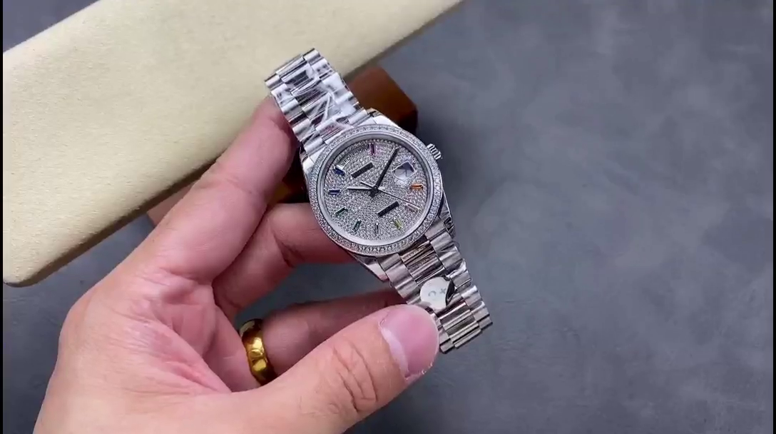 Rolex Day Date 36mm White Gold 128349RBR 0006 Pave Rainbow - QualitySwissReplica