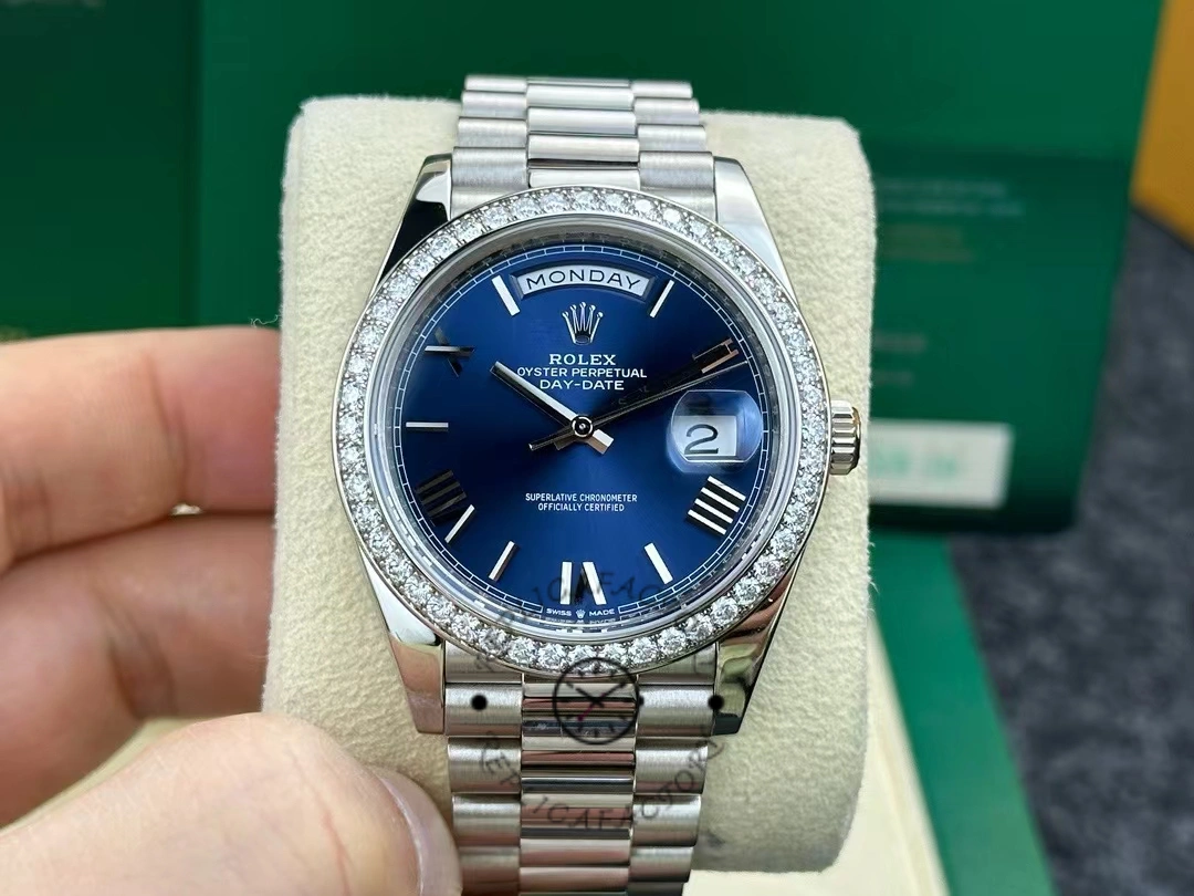 Rolex Day-Date 228349RBR Blue Roman Dial Diamond Bezel 40mm Mens Replica Watch - QualitySwissReplica