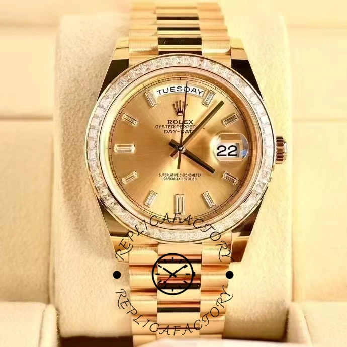 Rolex Day-Date 228398TBR Champagne Diamond Dial Diamond Bezel 40mm Mens Replica Watch - QualitySwissReplica
