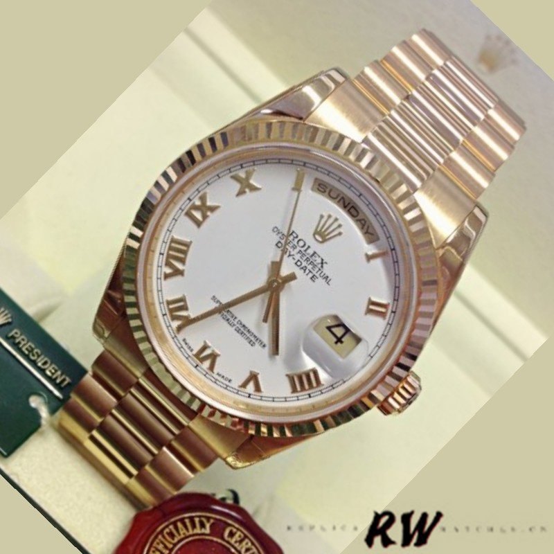 Rolex Day-Date 118238 Yellow Gold White dial Fluted Bezel 36mm Unisex Replica Watch - QualitySwissReplica