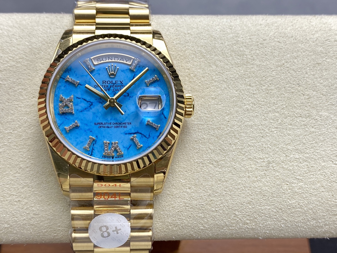 Rolex Day-Date 128238 Fluted Bezel Turquoise Diamond Dial 36MM Unisex Replica Watch - QualitySwissReplica