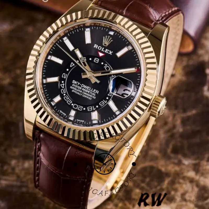 Rolex Sky-Dweller 326138 Black Dial Yellow Gold 42MM Mens Replica Watch - QualitySwissReplica