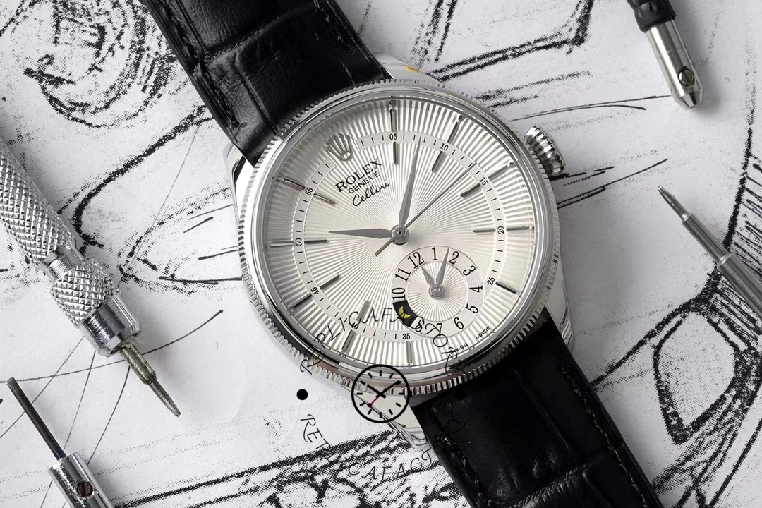 Rolex Cellini Dual Time 50529 Silver Sunburst Dial Brown Leather Strap 39mm Mens Replica Watch - QualitySwissReplica