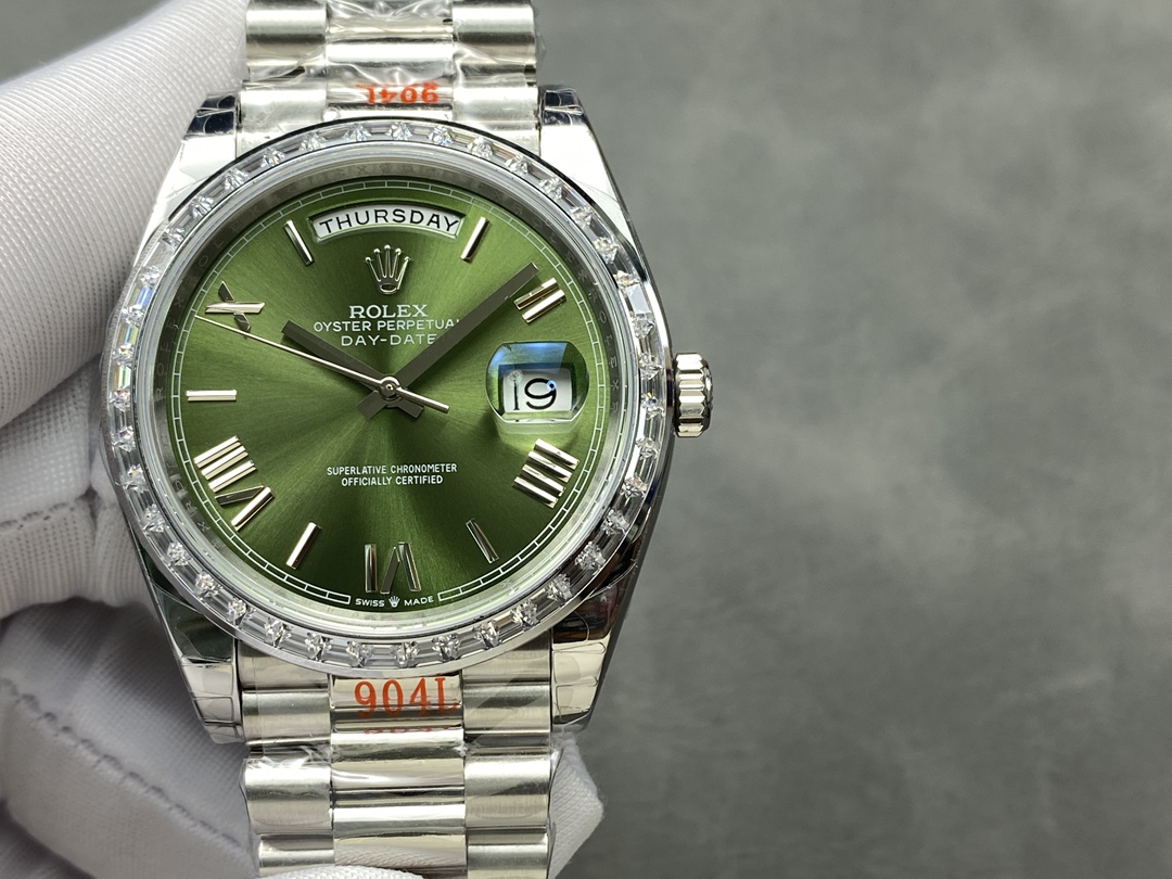 Rolex Day Date 40 Platinum Olive Green Dial Diamond Bezel M228396TBR 0020 Replica Watch - QualitySwissReplica