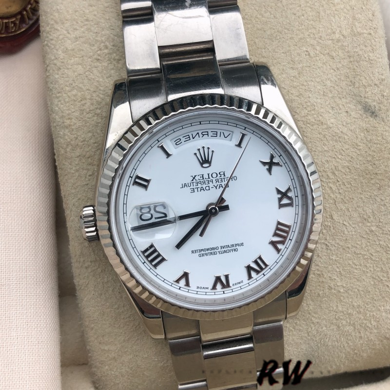 Rolex Day-Date 118239 White Gold White Roman Numeral Dial 36mm Unisex Replica Watch - QualitySwissReplica