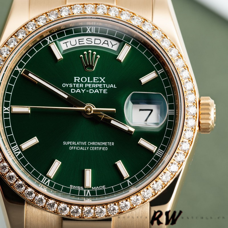 Rolex Day Date 118348 Green Index Dial Yellow Gold 36mm Unisex Replica Watch - QualitySwissReplica