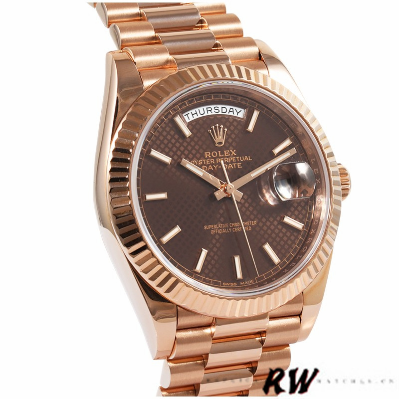Rolex Day-Date 228235 Chocolate Brown Diagonal Motif Dial Fluted Bezel 40mm Mens Replica Watch - QualitySwissReplica