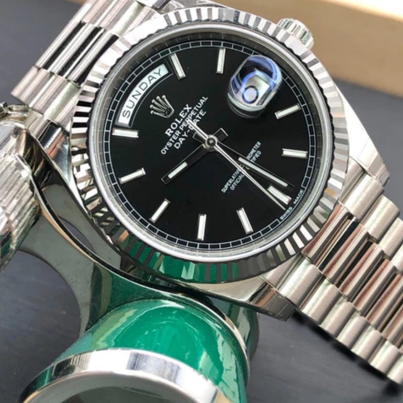 Rolex Day-Date 228239 Black Index Dial Fluted Bezel 40mm Mens Replica Watch - QualitySwissReplica