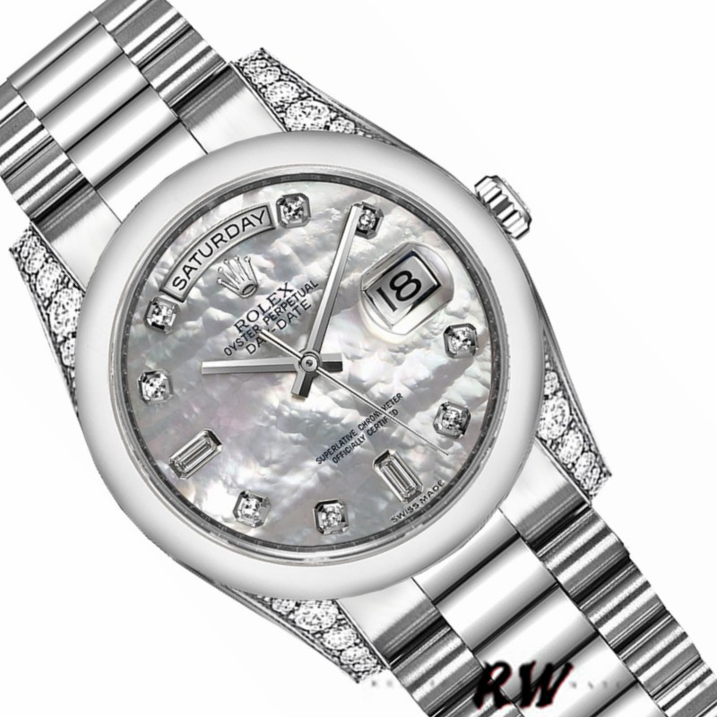 Rolex Day-Date 118296 Platinum MOP White Dial Diamond 36mm Unisex Replica Watch - QualitySwissReplica