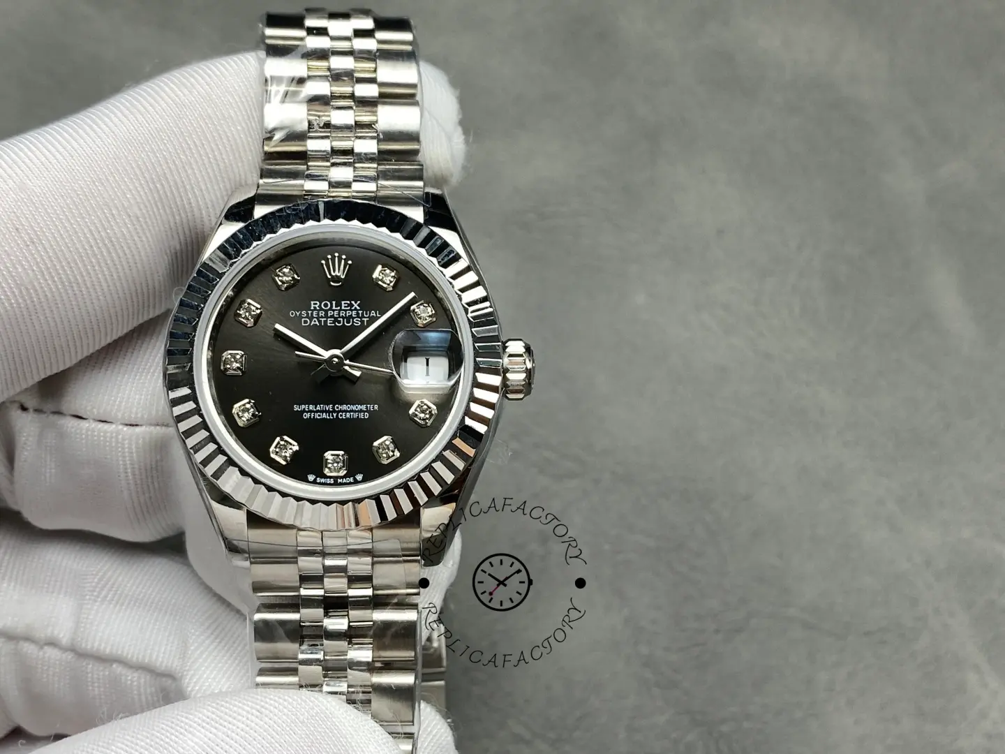 Rolex Datejust 279174 Stainless Steel Dark Grey Diamond Dial 28mm Lady Replica Watch - QualitySwissReplica