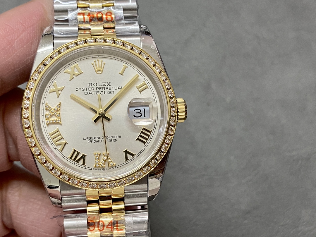 Rolex Datejust 36 Yellow Gold & Diamonds Silver Diamond Pave Roman Dial m126283rbr 0017 - QualitySwissReplica