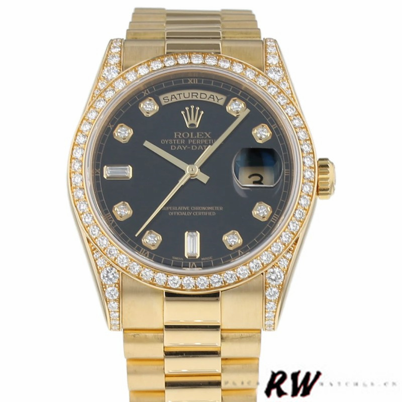 Rolex Day-Date 118388 Black Diamond Dial 36mm Unisex Replica Watch - QualitySwissReplica