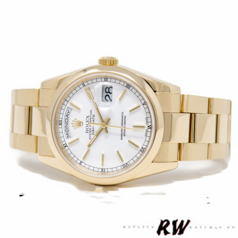 Rolex Day-Date 118208 White Dial Yellow Gold 36mm Unisex Replica Watch - QualitySwissReplica
