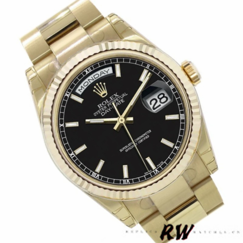 Rolex Day Date 118238 Yellow Gold Black Dial Stainless Steel 36mm Mens Replica Watch - QualitySwissReplica