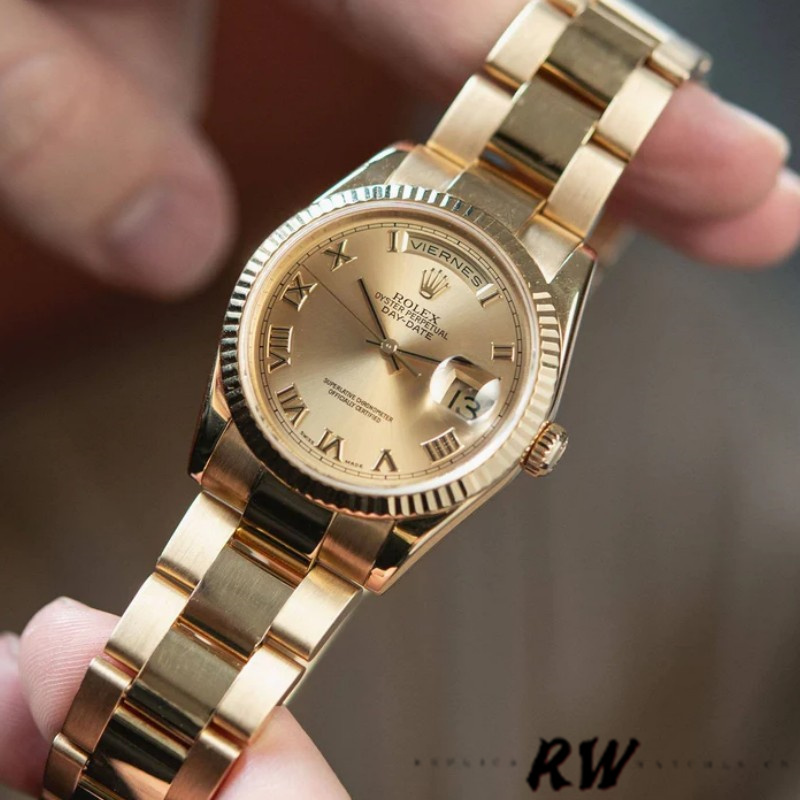 Rolex Day-Date 118238 Champagne Dial Yellow gold 36mm Unisex Replica Watch - QualitySwissReplica