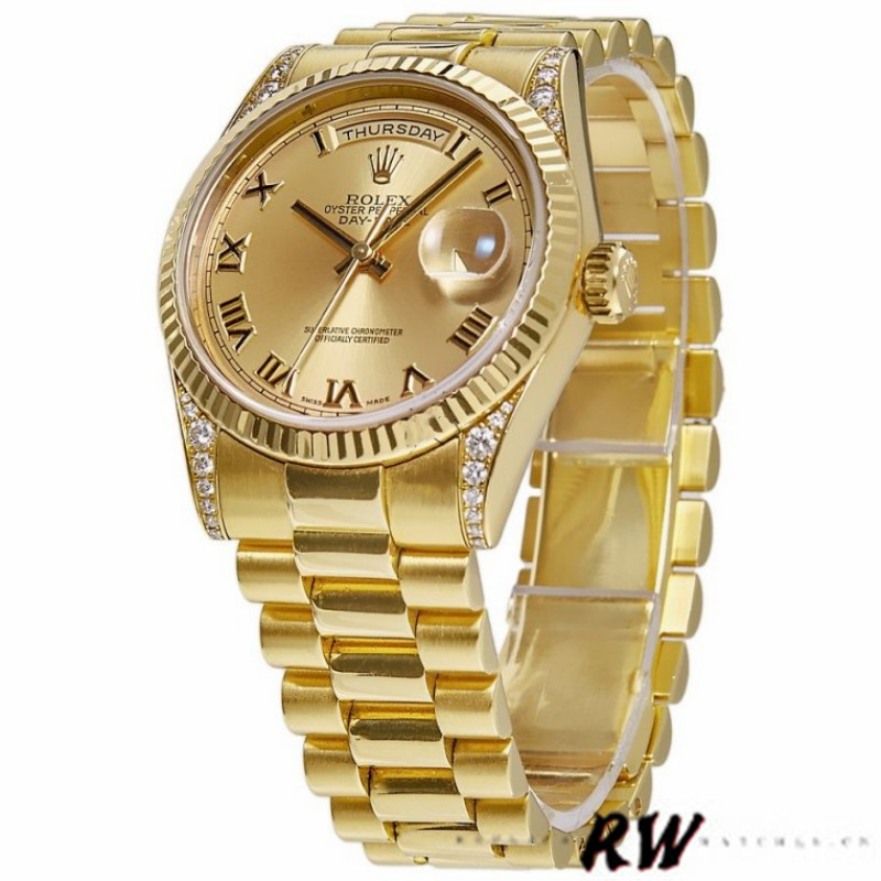 Rolex Day-Date 118338 Champagne Roman Dial Diamond Bezel 36MM Unisex Replica Watch - QualitySwissReplica