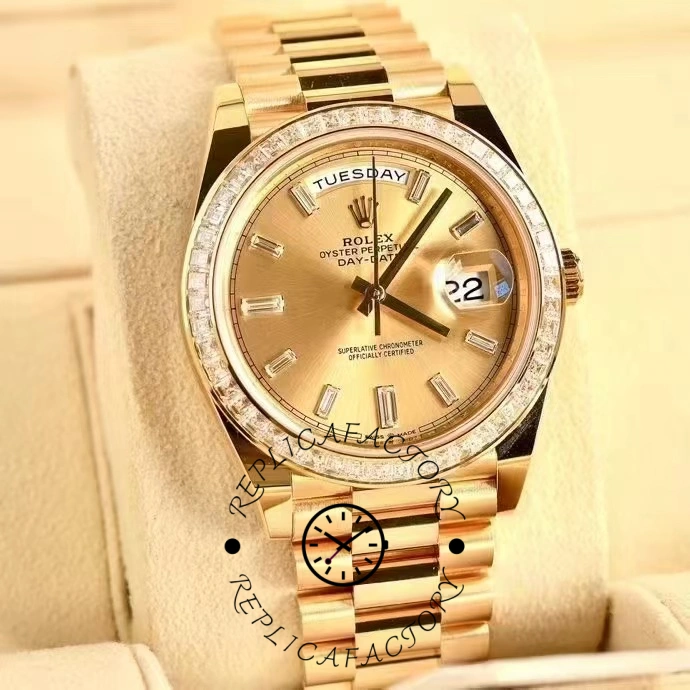 Rolex Day-Date 228398TBR Champagne Diamond Dial Diamond Bezel 40mm Mens Replica Watch - QualitySwissReplica