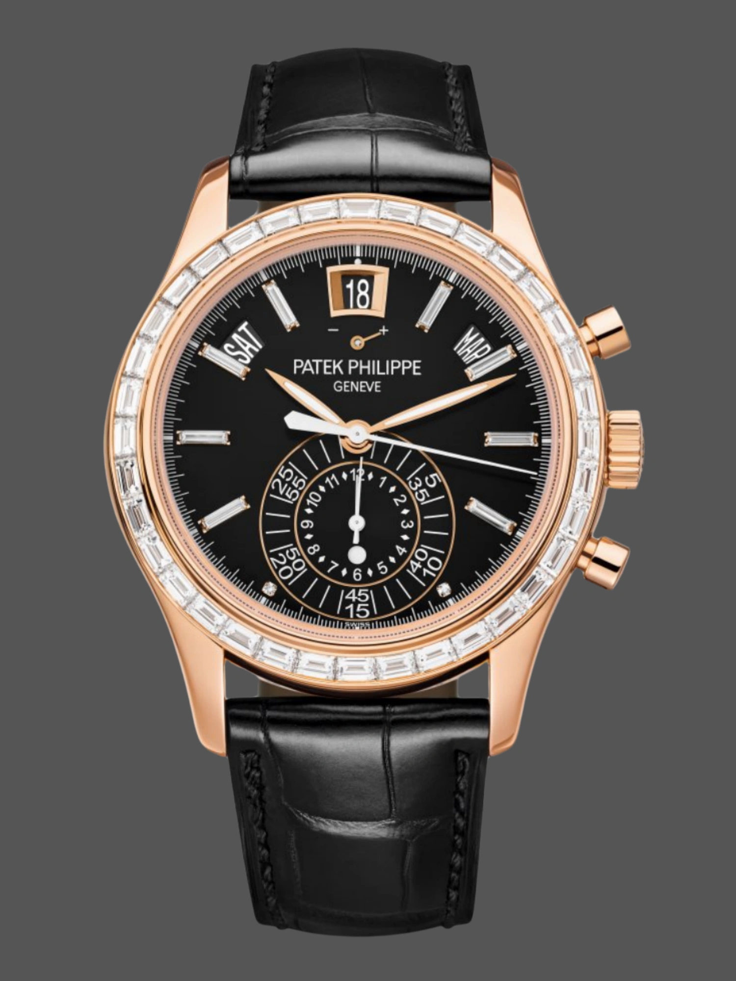 Patek Philippe Complications Annual Calendar Flyback Chrono 18k Rose Baguette Diamond 5961R-010 40.5 mm - QualitySwissReplica