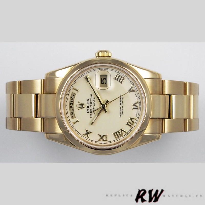 Rolex Day-Date 118208 Roman Numeral Pyramid Ivory Dial 36mm Unisex Replica Watch - QualitySwissReplica