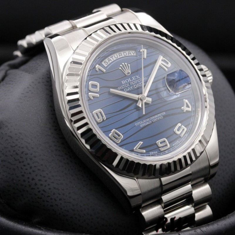 Rolex Day-Date 218239 Wave Blue Dial White Gold 41MM Mens Replica Watch - QualitySwissReplica