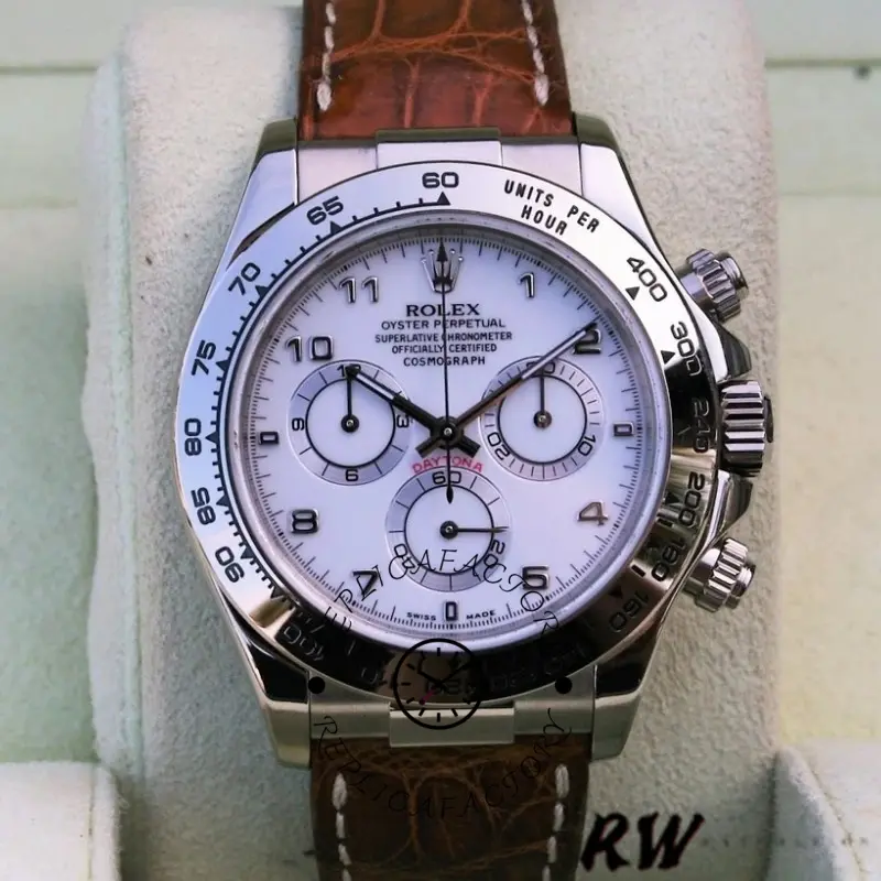 Rolex Daytona 116519 white Arabic dial brown leather strap 40mm Mens Replica Watch - QualitySwissReplica