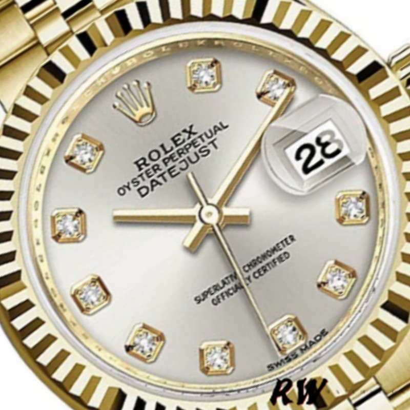 Rolex Datejust 279178 Silver Diamond Dial Yellow Gold 28mm Lady Replica Watch - QualitySwissReplica