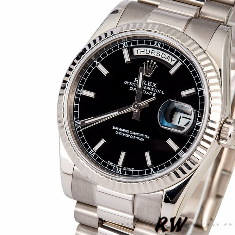 Rolex Day-Date 118239 White Gold Black Dial Fluted Bezel 36mm Unisex Replica Watch - QualitySwissReplica