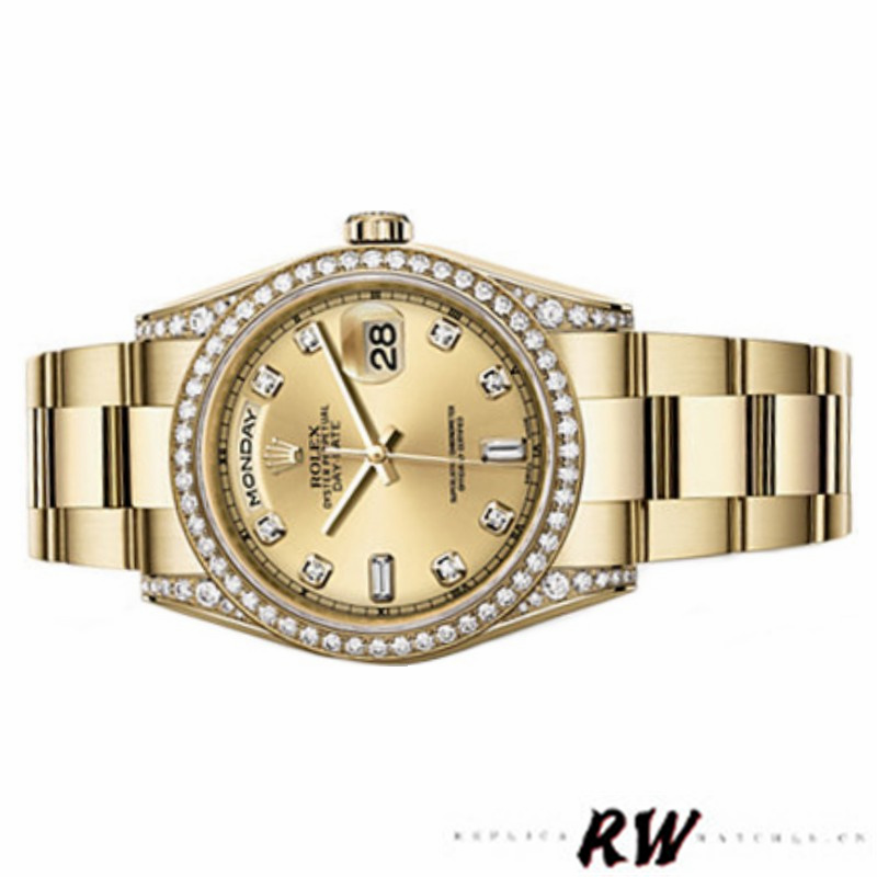 Rolex Day-Date 118388 Diamond Bezel Champagne Dial 36MM Unisex Replica Watch - QualitySwissReplica