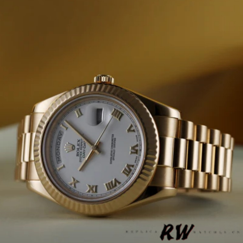 Rolex Day-Date 218238 White Roman Numeral Dial Yellow Gold 41MM Mens Replica Watch - QualitySwissReplica