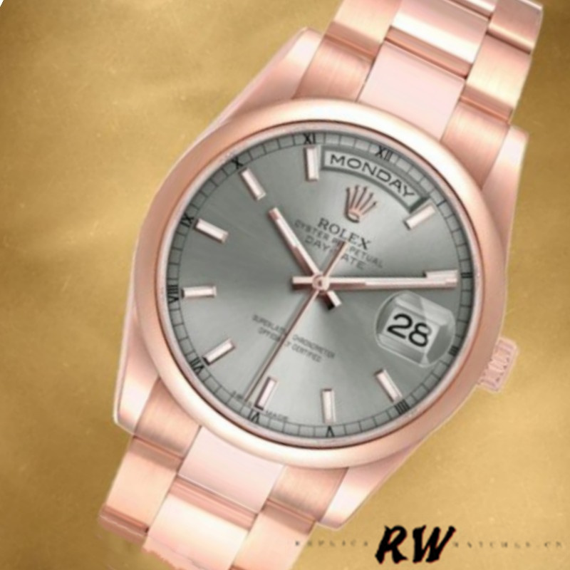 Rolex Day-Date 118205 Rose Gold Grey Dial 36mm Unisex Replica Watch - QualitySwissReplica