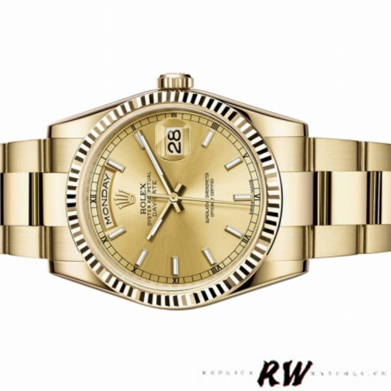 Rolex Day-Date 118238 Yellow Gold Fluted Bezel Champagne Dial 36mm Unisex Replica Watch - QualitySwissReplica