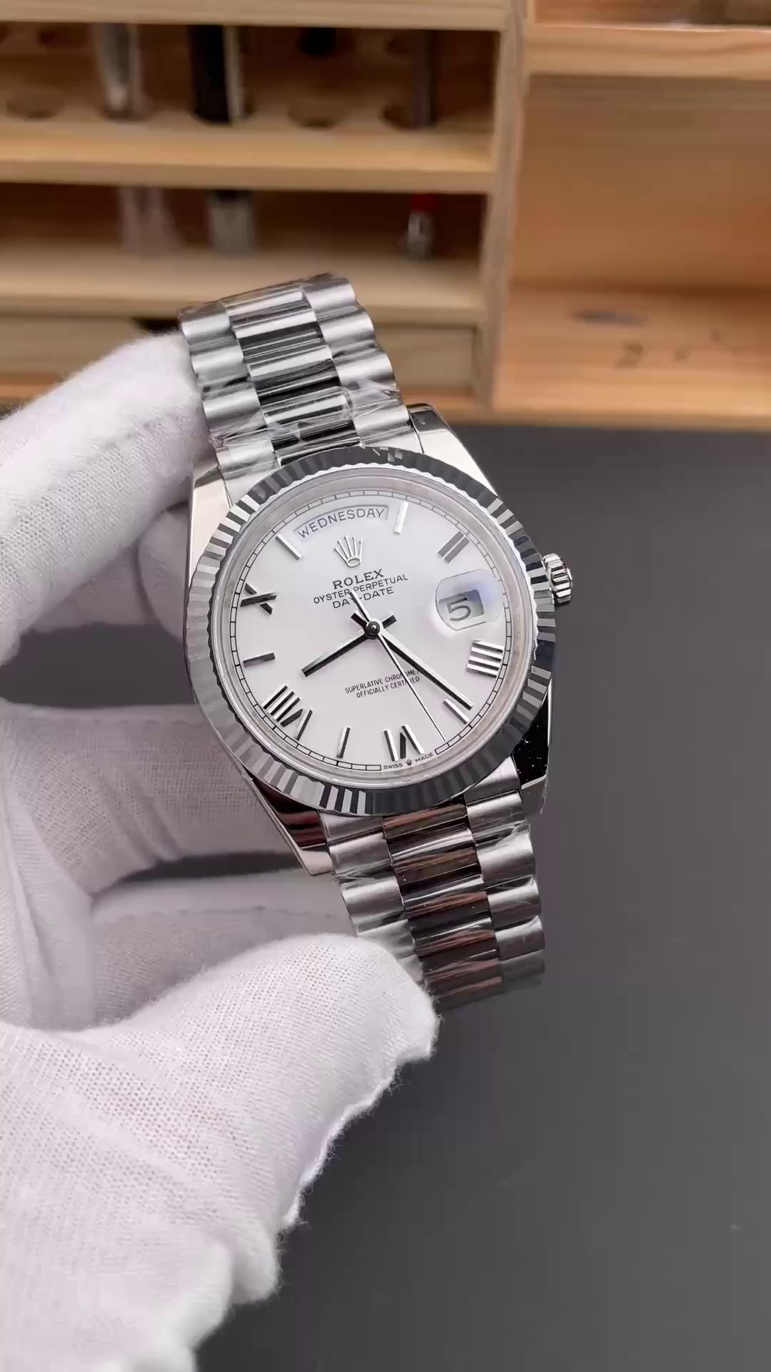 Rolex Day-Date 228239 White Roman Dial Fluted Bezel 40mm Mens Replica Watch - QualitySwissReplica