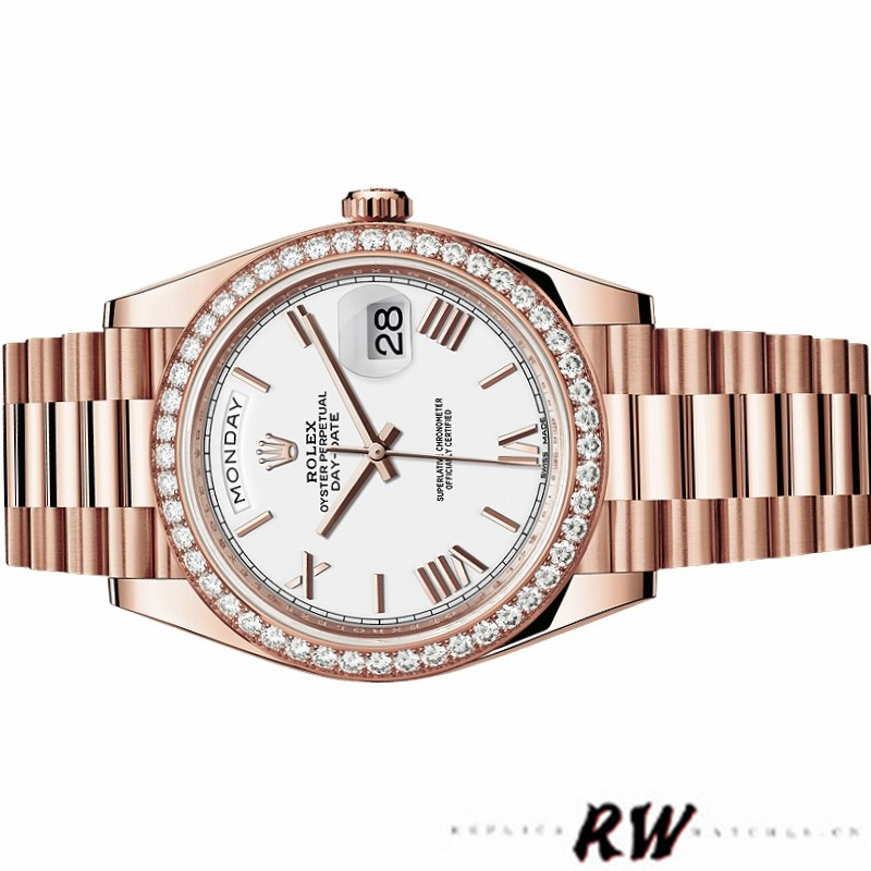 Rolex Day-Date 228345RBR White Roman Dial Diamond Bezel 40mm Mens Replica Watch - QualitySwissReplica