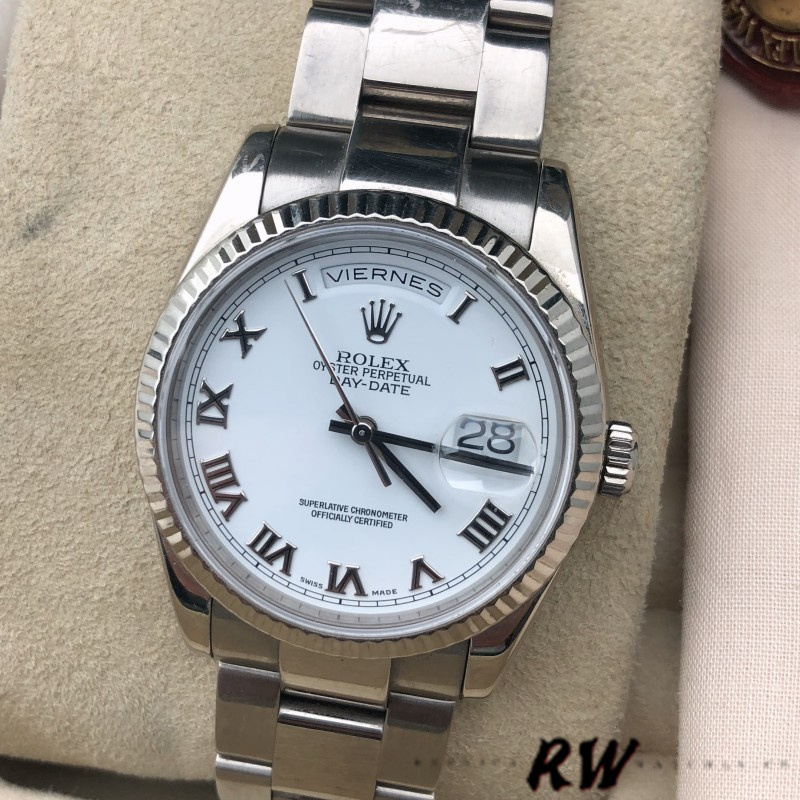 Rolex Day-Date 118239 White Gold White Roman Numeral Dial 36mm Unisex Replica Watch - QualitySwissReplica