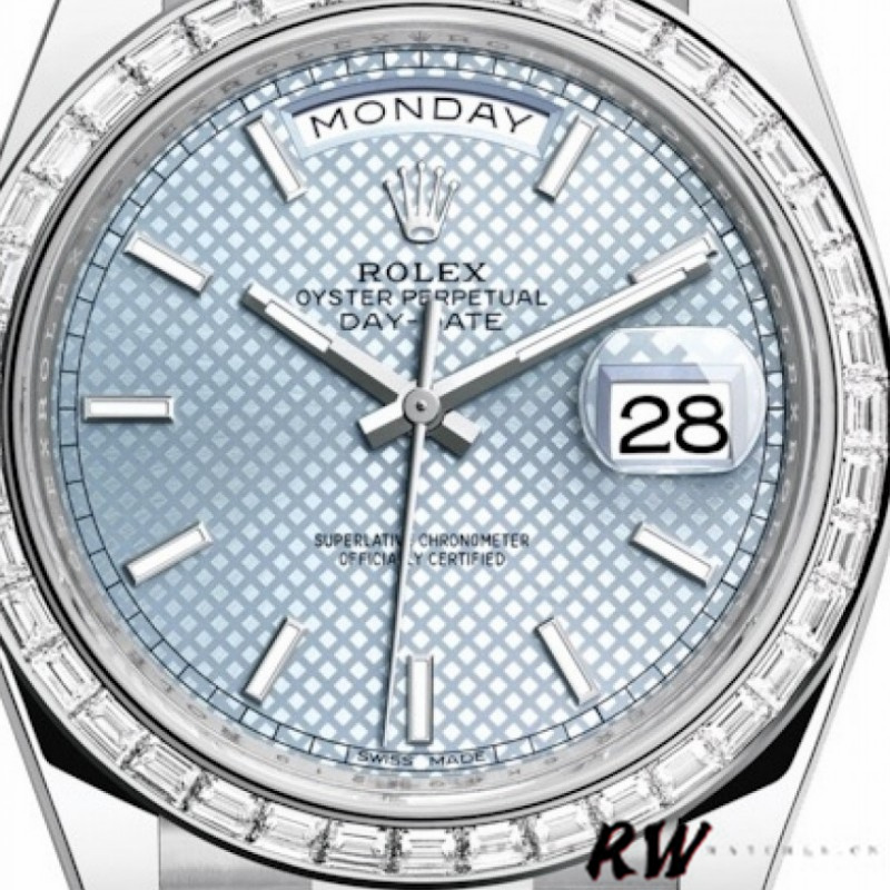 Rolex Day-Date 228396TBR Ice Blue Diagonal Motif Dial Diamond Bezel 40mm Mens Replica Watch - QualitySwissReplica