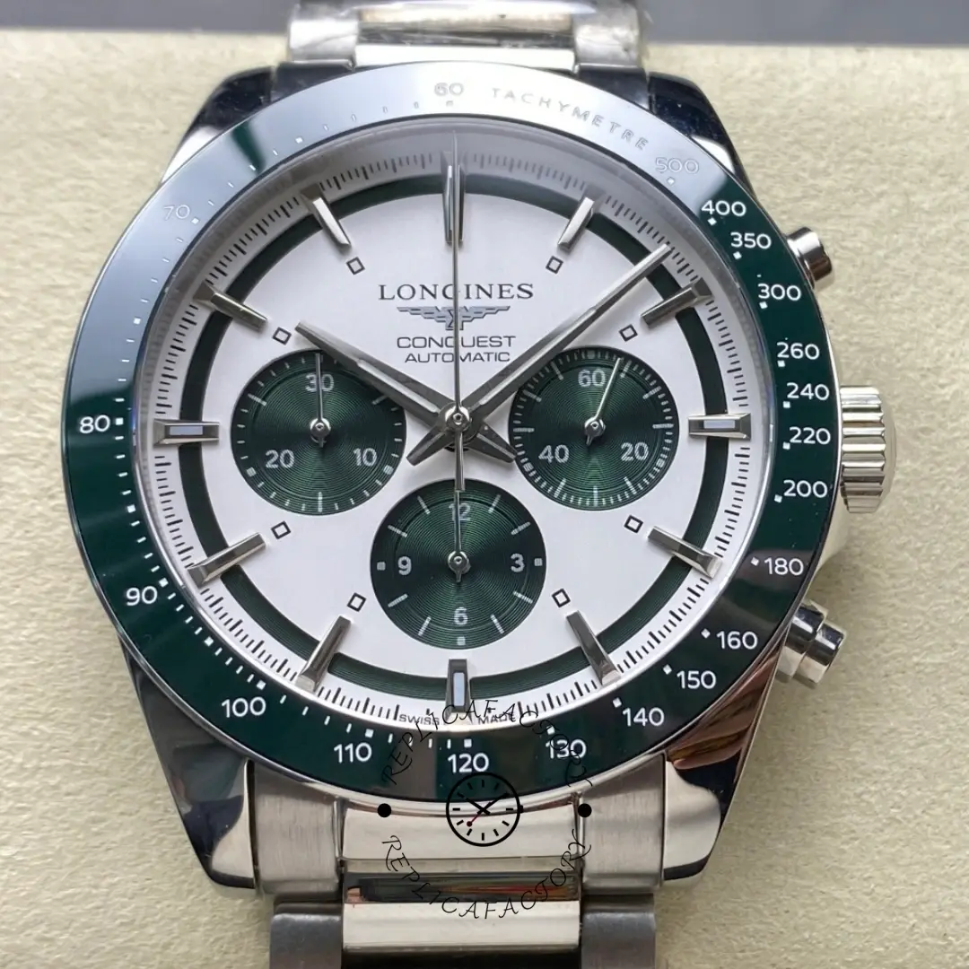 Longines Conquest L3.835.4.02.6 Chrono Steel 42mm Silver-Green Dial Replica - QualitySwissReplica