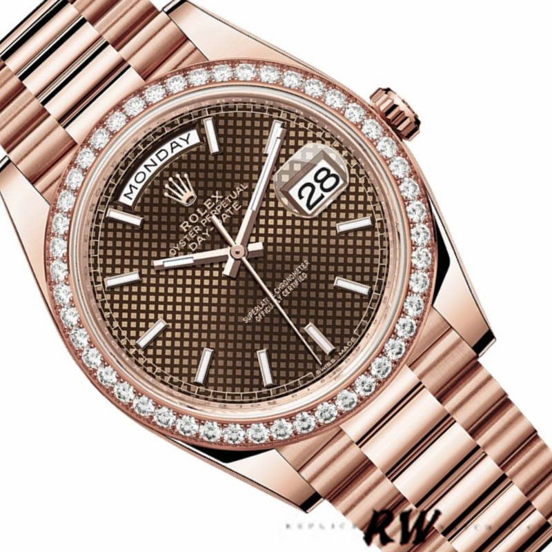Rolex Day-Date 228345RBR Chocolate Brown Diagonal Motif Dial Diamond Bezel 40mm Mens Replica Watch - QualitySwissReplica