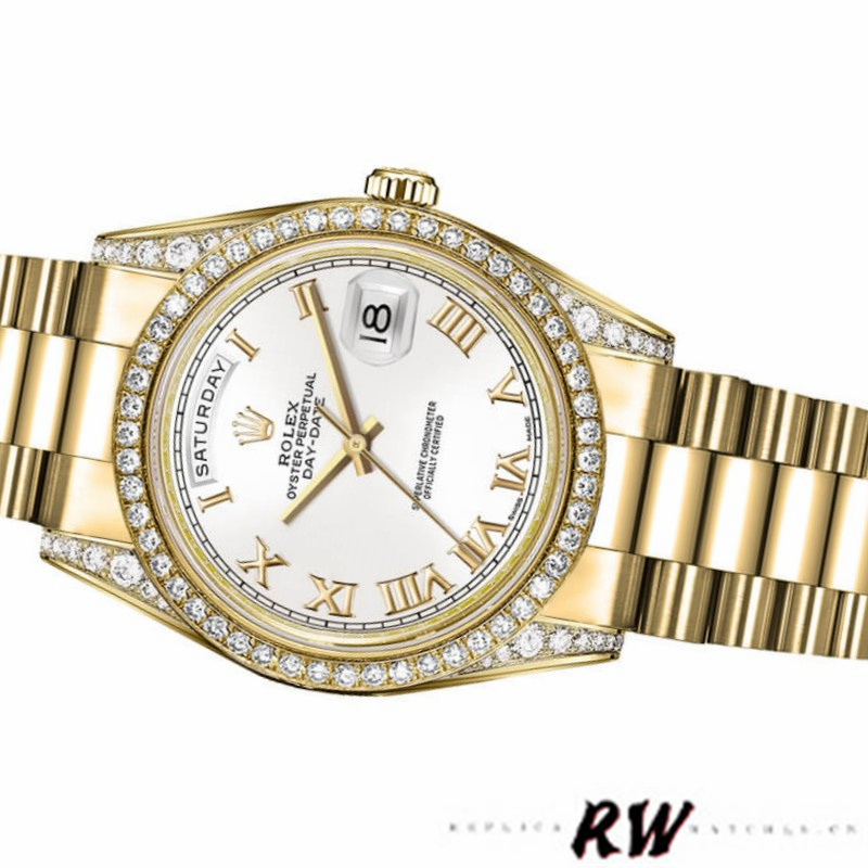 Rolex Day-Date 118388 Yellow Gold White Roman Numeral Dial 36MM Unisex Replica Watch - QualitySwissReplica