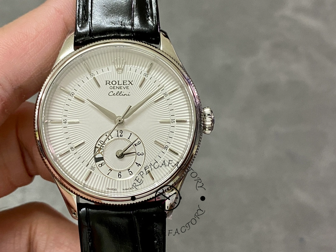 Rolex Cellini Dual Time 50529 Silver Sunburst Dial Black Leather Strap 39mm Mens Replica Watch - QualitySwissReplica