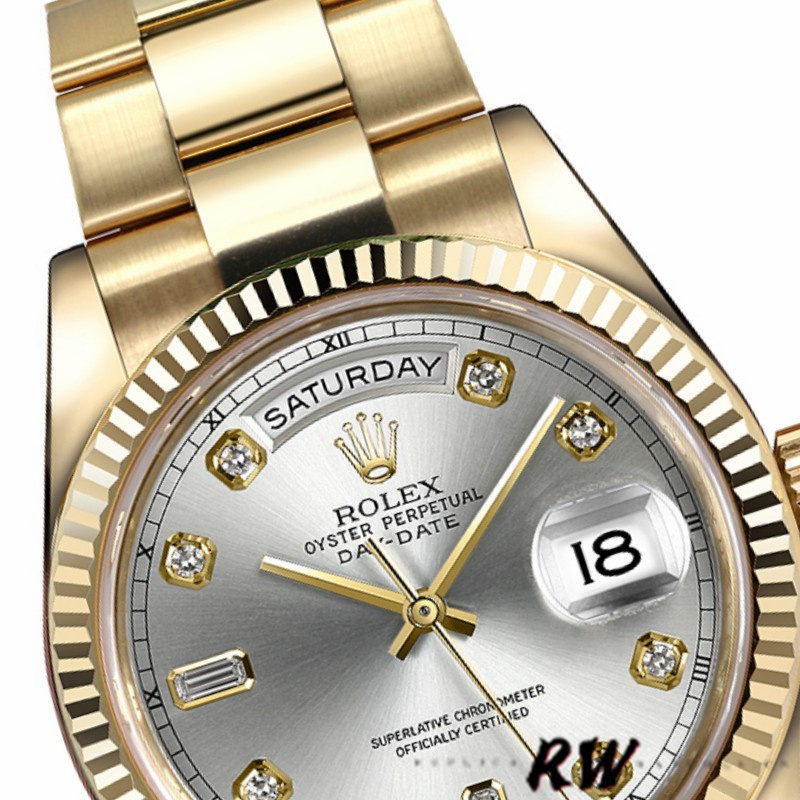 Rolex Day-Date 118238 Yellow Gold Silver Diamond Dial 36mm Unisex Replica Watch - QualitySwissReplica
