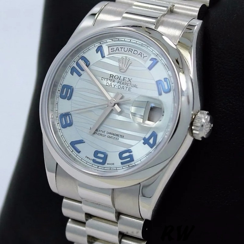 Rolex Day Date 118206 Wave Pattern Ice Blue Dial Arabic Numerals 36mm Unisex Replica Watch - QualitySwissReplica