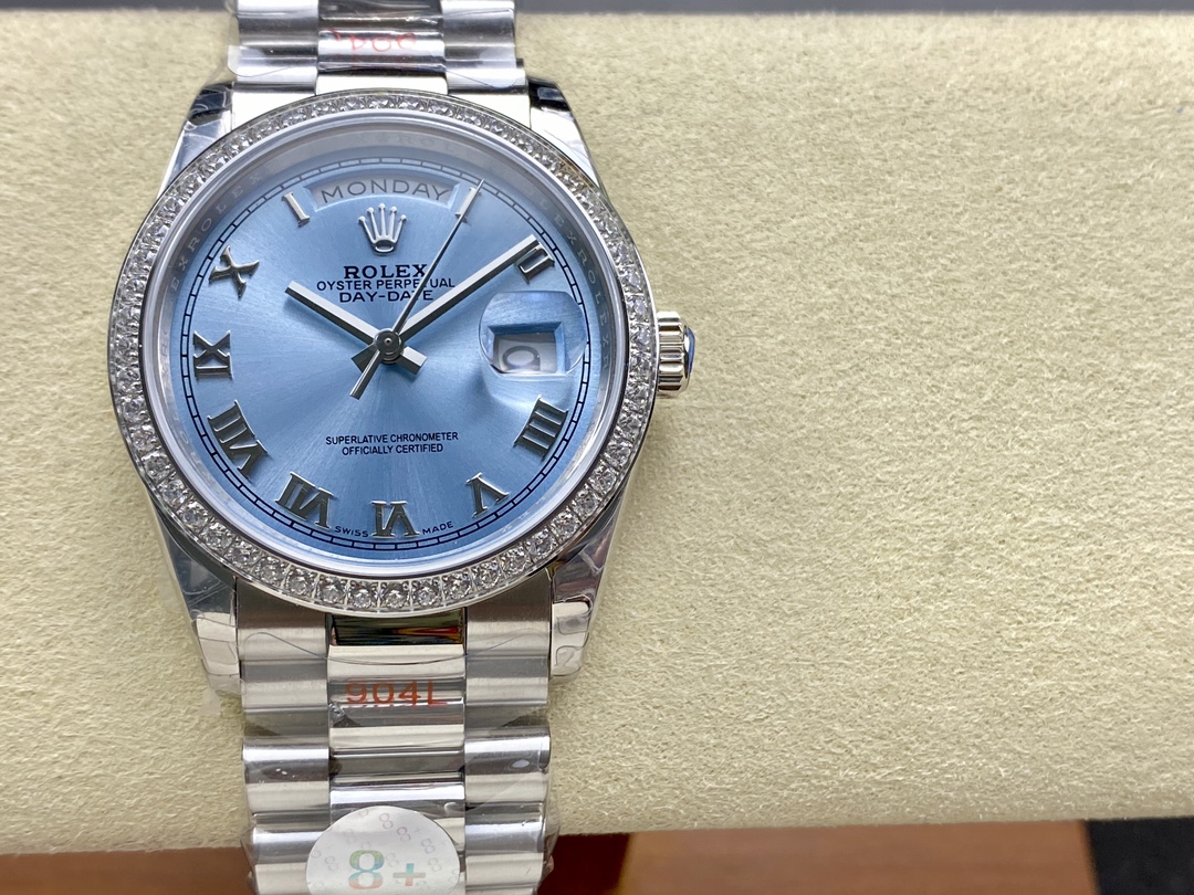 Rolex Day Date 36 Diamond Bezel Ice Blue Roman Dial m128396tbr 0019 - QualitySwissReplica