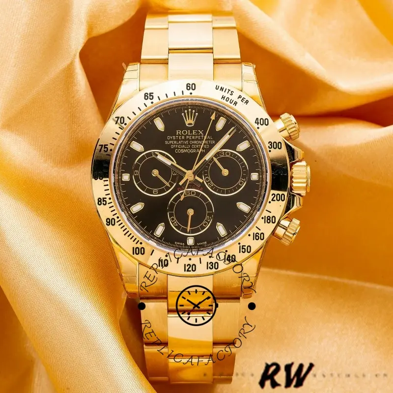 Rolex Daytona 116528 Black Dial Yellow Gold 40mm Mens Replica Watch - QualitySwissReplica