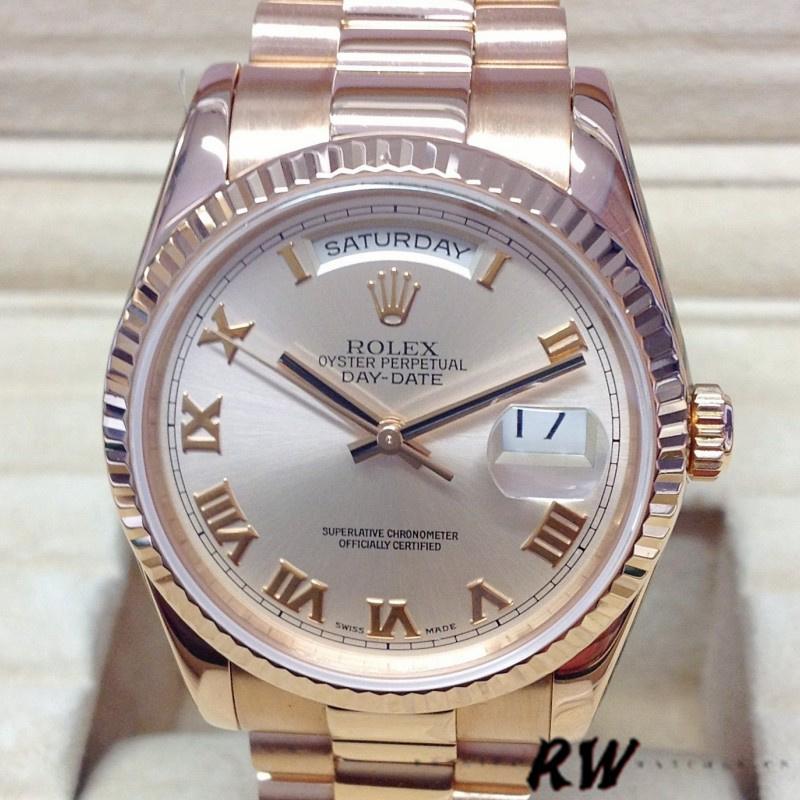 Rolex Day-Date 118235 Pink Roman Numeral dial 36mm Lady Replica Watch - QualitySwissReplica