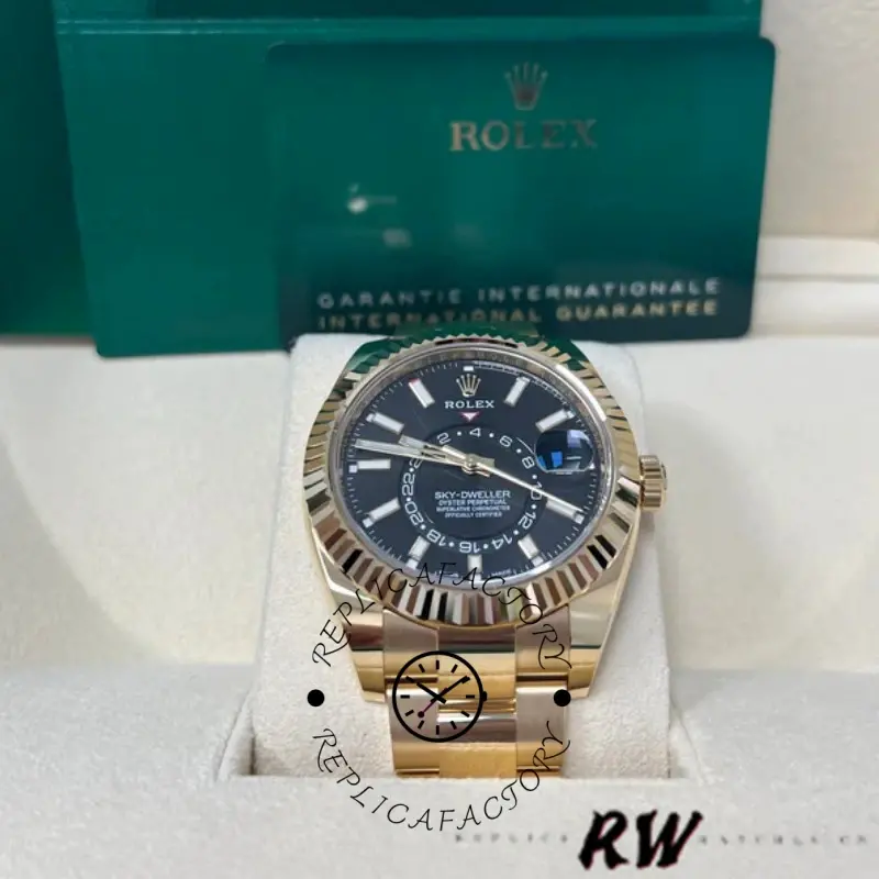 Rolex Sky-Dweller 326938 Yellow Gold Black Dial 42mm Mens Replica Watch - QualitySwissReplica