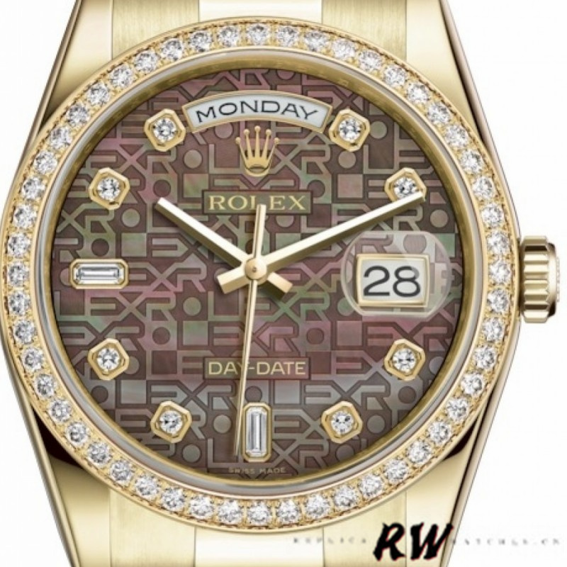 Rolex Day Date 118348 Black MOP Dial Yellow Gold 36mm Unisex Replica Watch - QualitySwissReplica