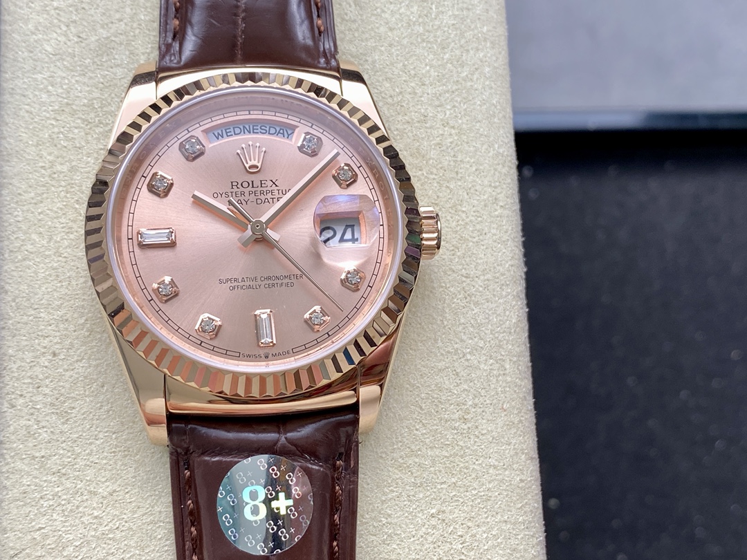 Rolex Day Date 36 Yellow Gold Case 118135 0101 Brown Leather Watch - QualitySwissReplica